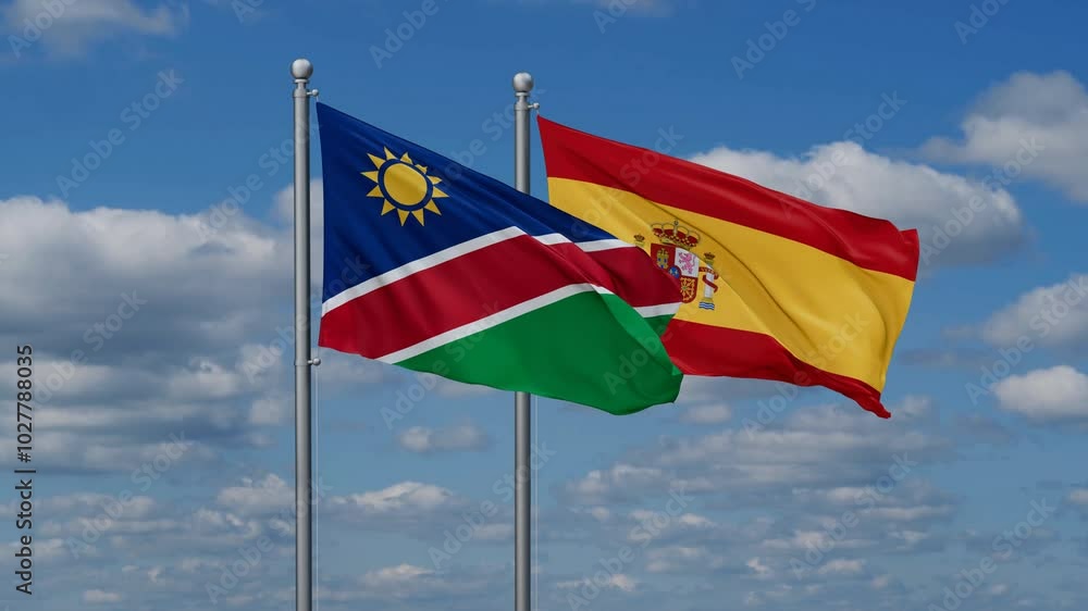 Spain and Namibia flags flying together, video concept of the relationship, two country cooperation concept Spain and Namibia flags flying together, video concept of the relationship, two country cooperation concept