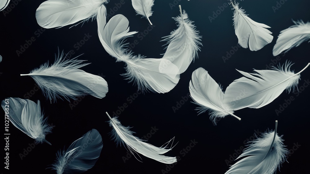 Artistic spread of white feathers on a dark black background, emphasizing their light and graceful form Artistic spread of white feathers on a dark black background, emphasizing their light and graceful form