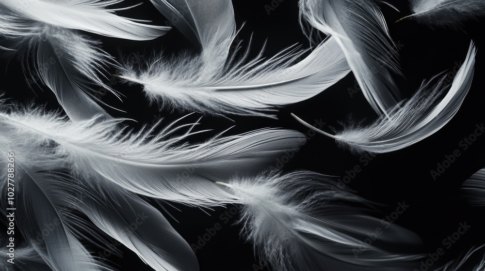 Obraz premium Artistic spread of white feathers on a dark black background, emphasizing their light and graceful form