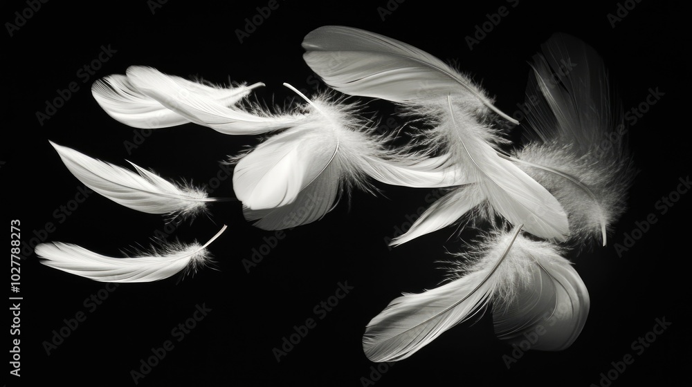 Fototapeta premium Artistic spread of white feathers on a dark black background, emphasizing their light and graceful form