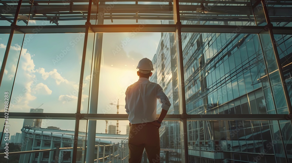 A engineer construction and wear white safety helmet plastic in a tall building turned his back to the camera standing in front of the glass window luxury, Generative AI illustrations. A engineer construction and wear white safety helmet plastic in a tall building turned his back to the camera standing in front of the glass window luxury, Generative AI illustrations.