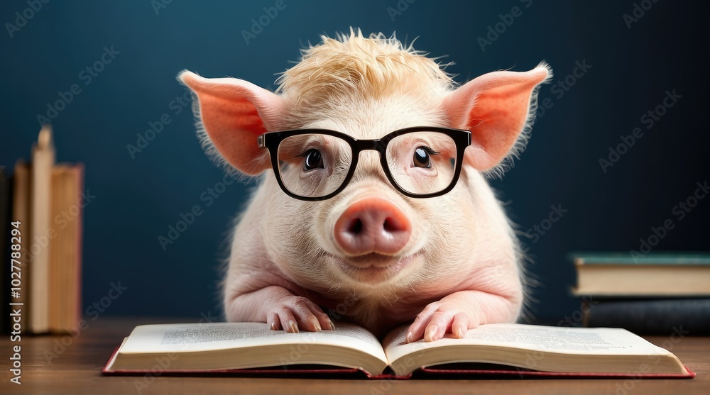 A pig wearing glasses sits on an open book, looking curiously at the viewer. A pig wearing glasses sits on an open book, looking curiously at the viewer.