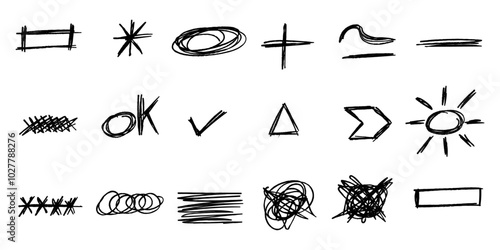 Ensemble de visuels dessinés à la main. Ovales, flèches, triangle, étoile et rectangles gribouillés, imitation rature au crayon