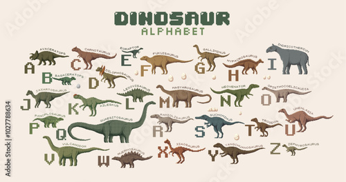 Kids dinosaur alphabet in 8 bit pixel art with prehistoric lizards font, vector Jurassic dino characters. Kids cartoon 8bit pixel alphabet with retro game type or ABC letters of dinosaurs species name