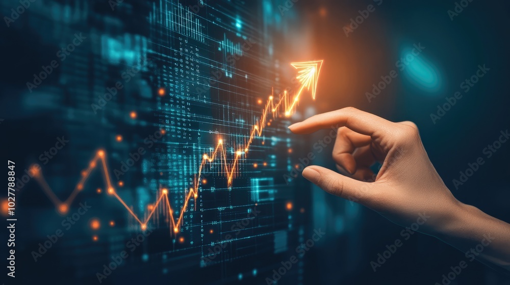 Business person hand marking an upward trend on a financial chart, symbolizing progress Business person hand marking an upward trend on a financial chart, symbolizing progress