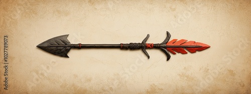 Ancient Arrowhead Weapon with Red Feather Decoration on Beige Background