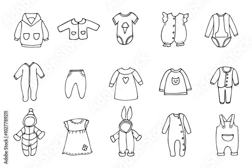 black and white set of children's clothing on a white background, hand-drawn in a cartoon style.