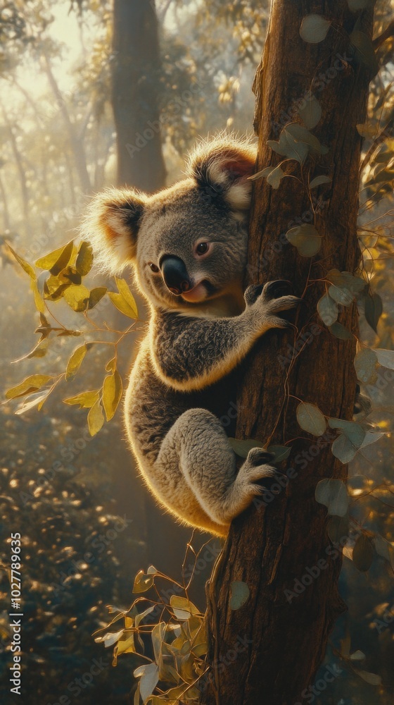 Koala Climbing Tree in Sunlit Forest Koala Climbing Tree in Sunlit Forest