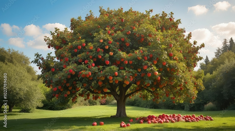 Naklejka premium A lush apple tree with a dense canopy,