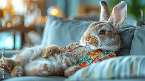 Bunny's Poolside , a whimsical scene of the Easter Bunny enjoying drinks by the pool in a vibrant Hawaiian shirt, evoking carefree memories of joyful celebrations.