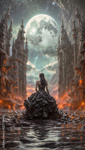 women in the dress in the dark city