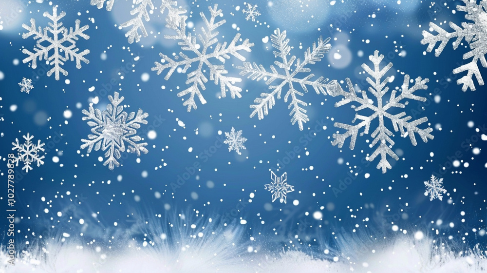 Blue background with large white snowflakes Blue background with large white snowflakes
