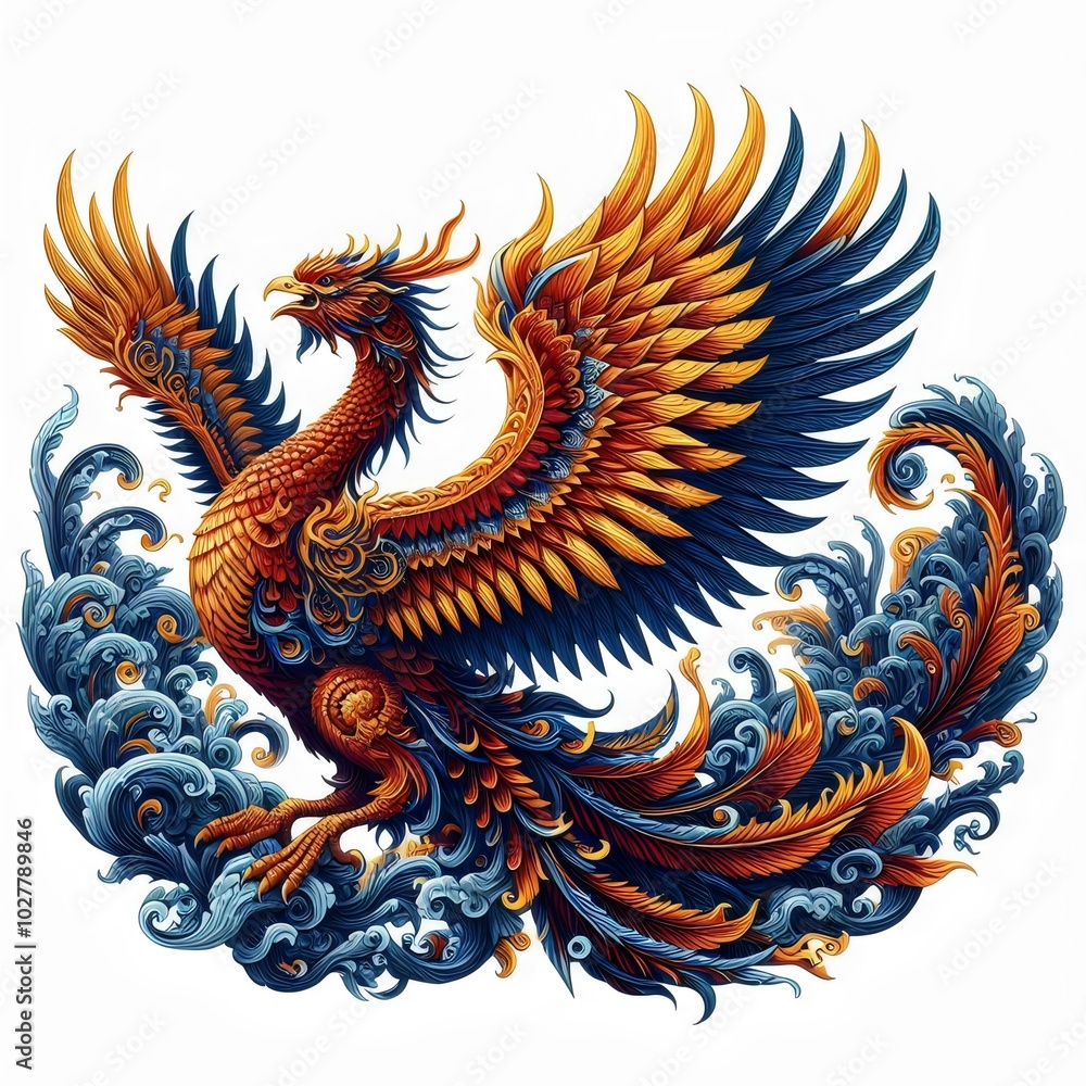 Chinese phoenix bird, gold and blue phoenix Chinese phoenix bird, gold and blue phoenix