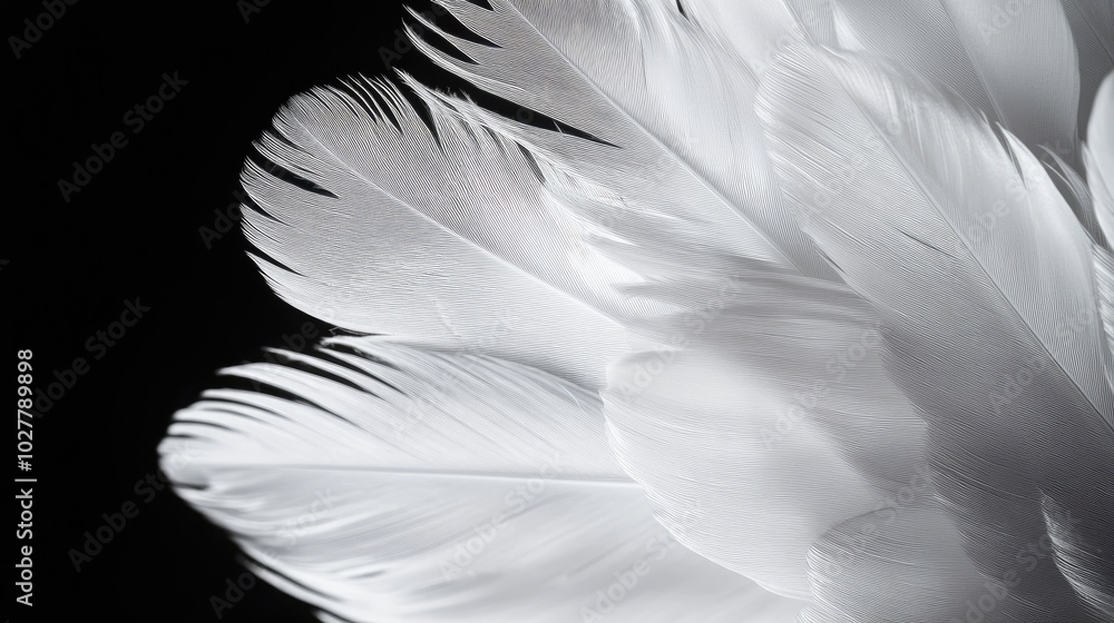 Fototapeta premium Close-up of white feathers with fine barbs, set against a sleek black background for striking contrast