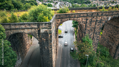 Rail viaduct going through the small town in Yorkshire, Denby Dale, Huddersfield, UK