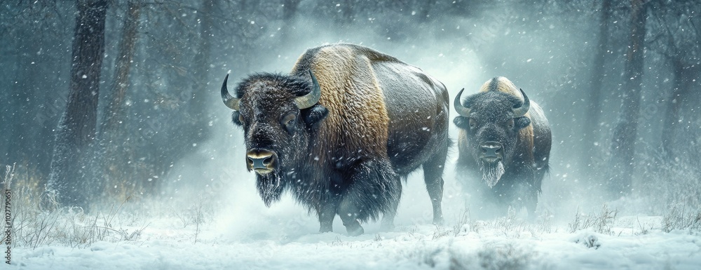 Pair of Bison Walking Through a Snowstorm in the Wilderness Pair of Bison Walking Through a Snowstorm in the Wilderness