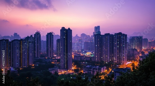 A panoramic view of a city skyline at dusk, with tall buildings and a hazy sky.