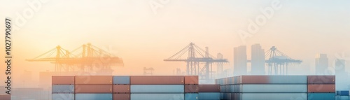 Cargo containers at port during supply shortage close up, focus on, copy space muted hues, Double exposure silhouette with shipping routes photo