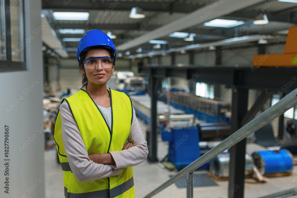 Female industrial plant employee with a blue helmet and yellow vest in a business factory. Manufacturing, labor, and women concepts. Female industrial plant employee with a blue helmet and yellow vest in a business factory. Manufacturing, labor, and women concepts.