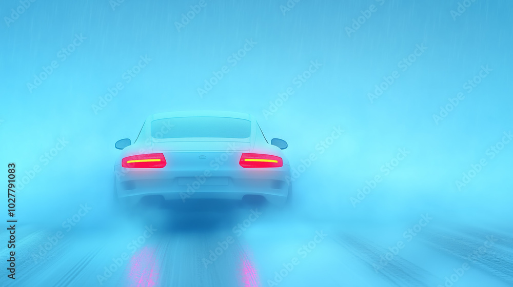Fototapeta premium A white car navigating through heavy snow on a misty winter road in the early morning light