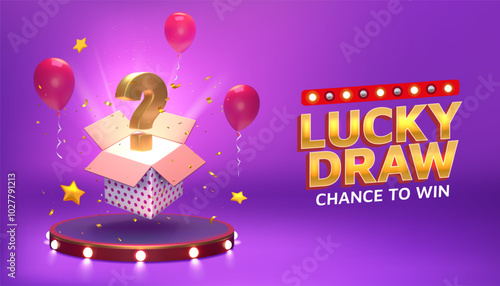 Gift box. Giveaway prize winner in surprise lottery. Lucky chance. Mystery reward win. Open container at pedestal with question. 3D balloons and confetti. Casino jackpot. Vector background