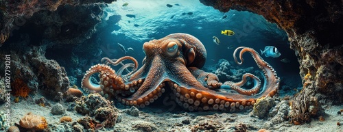 Octopus Resting in Rocky Underwater Tunnel Surrounded by Fish