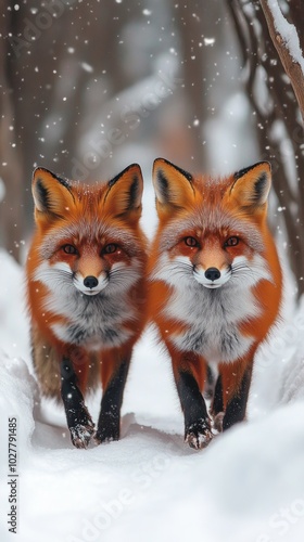 Pair of Red Foxes Walking in Snowy Forest During Winter"