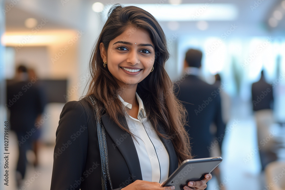 Fototapeta premium A smiling Indian business woman in business attire holding a tablet while standing in a modern office environment
