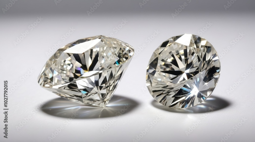 Two large, brilliantly cut diamonds are positioned on a white background Two large, brilliantly cut diamonds are positioned on a white background