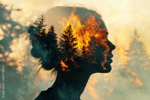 Woman with a forest fire superimposed over her face representing the feeling of burnout