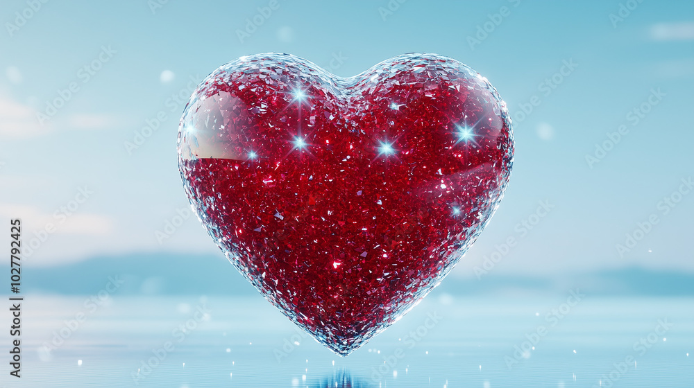 Glittering red heart against a bright blue sky Glittering red heart against a bright blue sky
