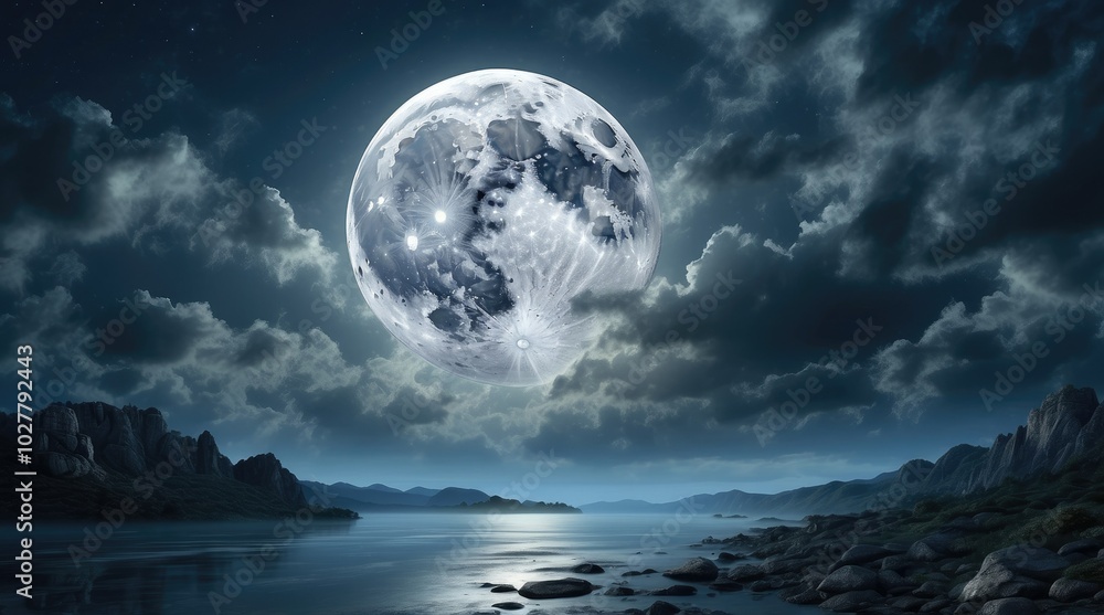 A luminous full moon illuminates a cloudy night sky, A luminous full moon illuminates a cloudy night sky,