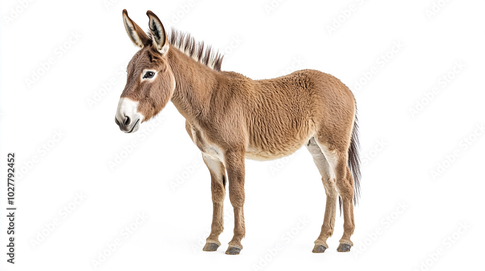Fototapeta premium Cute Brown Donkey Standing Isolated on White Background