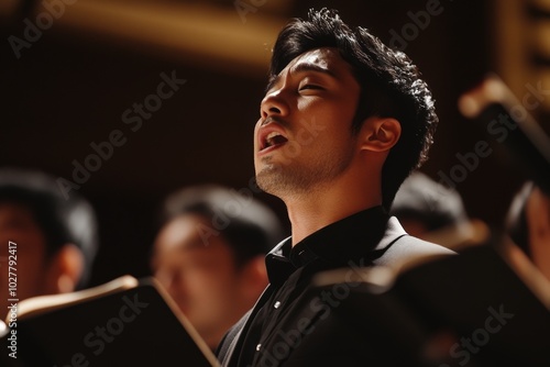 Asian male choir singer is passionately singing on stage during a concert photo