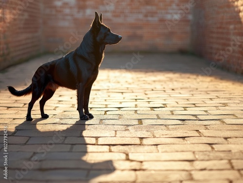 Black dog standing on cobbled path during sunset, creating striking shadows.