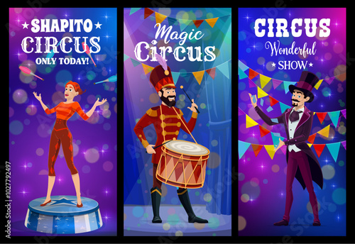 Circus show vector banners with cartoon carnival chapiteau magician, juggler and drummer characters performing on big top tent arena. Funny circus artists with juggling clubs, magic hat and drum