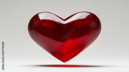 Red glossy heart floating on white background