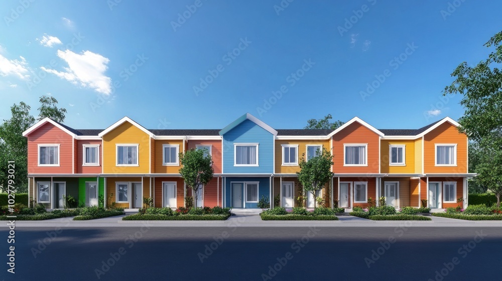 Row of colorful houses with white trim, green bushes and trees, and a paved road in front of them. Row of colorful houses with white trim, green bushes and trees, and a paved road in front of them.