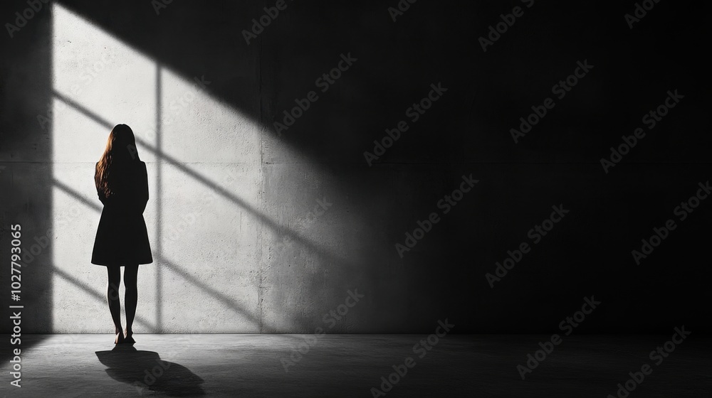 Silhouette of a woman standing in a dark room with light streaming through a window. Silhouette of a woman standing in a dark room with light streaming through a window.