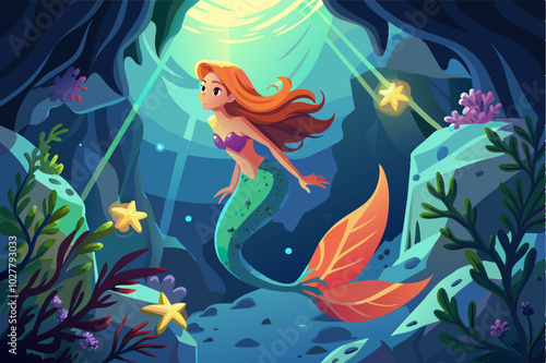 A mermaid swimming through a coral cave, her tail illuminated by a trail of electric light particles