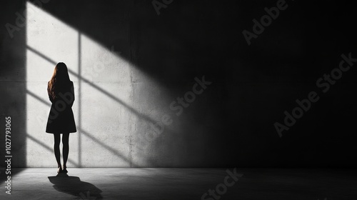 Silhouette of a woman standing in a dark room with light streaming through a window. photo