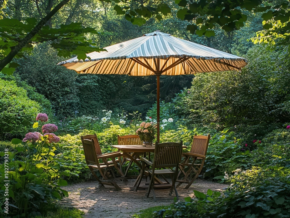 tranquil garden scene with rustic wooden chairs and table under a large striped parasol, surrounded by lush greenery and blooming flowers in soft afternoon light tranquil garden scene with rustic wooden chairs and table under a large striped parasol, surrounded by lush greenery and blooming flowers in soft afternoon light