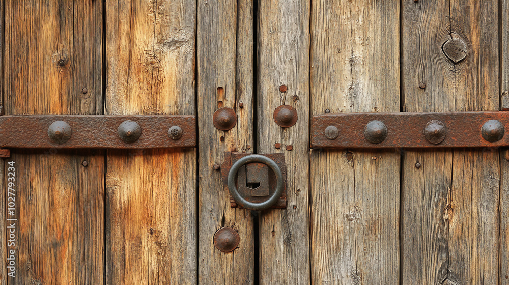 Rustic Wooden Door with Metal Hardware and Ring Handle Rustic Wooden Door with Metal Hardware and Ring Handle