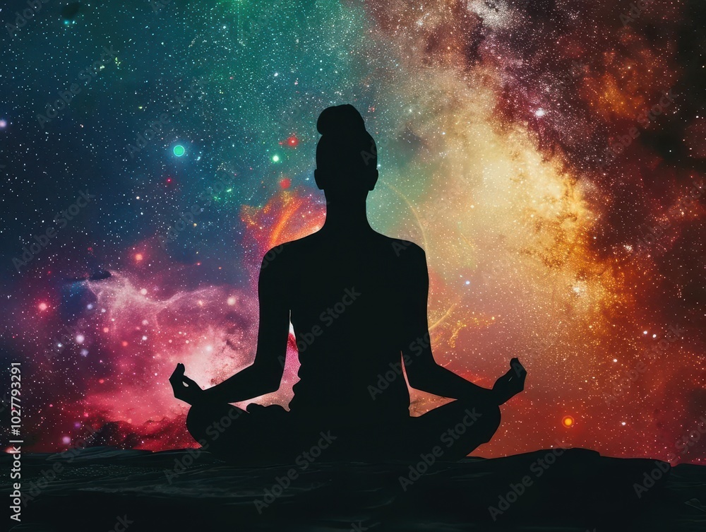 transcendent meditation silhouette of person in lotus pose, cosmic energy swirls around body, starry background, chakra colors blend transcendent meditation silhouette of person in lotus pose, cosmic energy swirls around body, starry background, chakra colors blend
