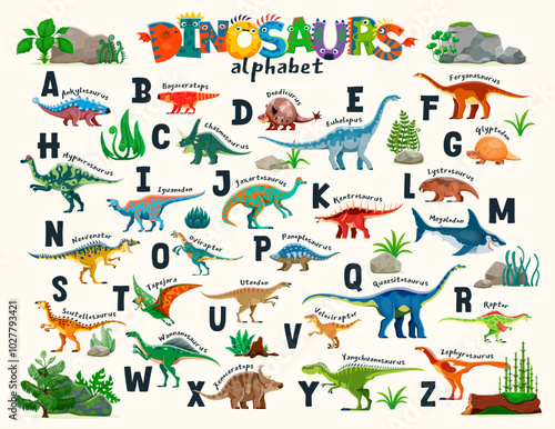 Kids dinosaurs alphabet, prehistoric animals, plants and volcano rocks, vector education poster. English alphabet letters and cartoon dinosaur characters, ankylosaurus, iguanodon, neovenator, raptor