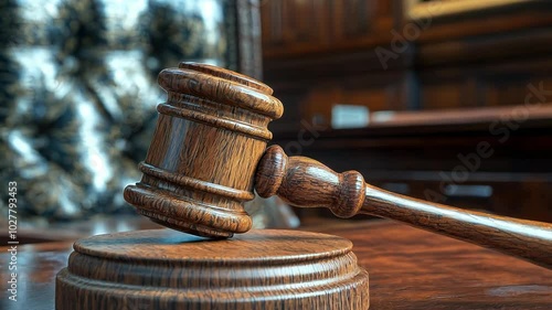 Wooden gavel on a table in a courtroom. photo