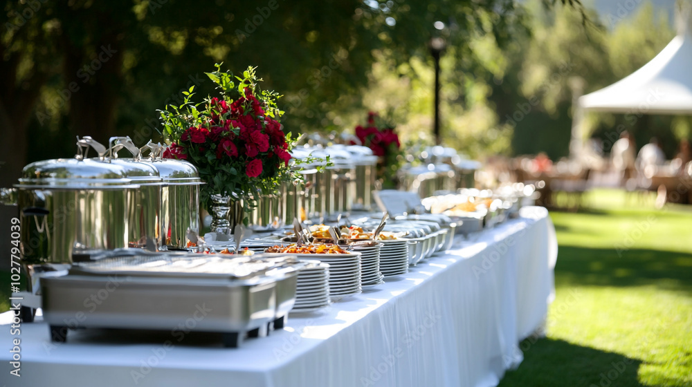 Fototapeta premium Outdoor Catering Buffet Table with Food and Red Roses
