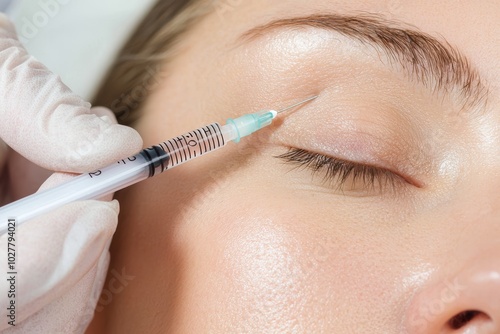 Close-up of a cosmetic procedure with a syringe near the eye for beauty treatment and rejuvenation, highlighting skincare and anti-aging techniques.