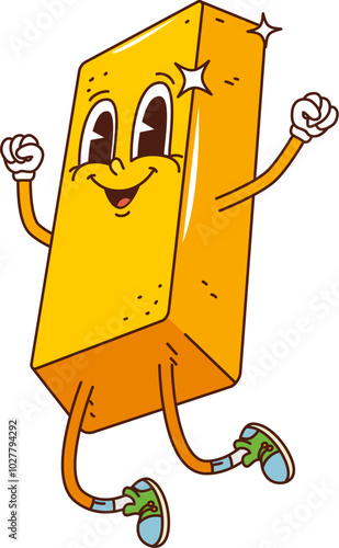 Retro groovy golden bar finance character with expressive eyes, jumping joyfully. Isolated cartoon vector gold ingot personage, symbol or wealth, success and riches, exudes hippie and nostalgic fun