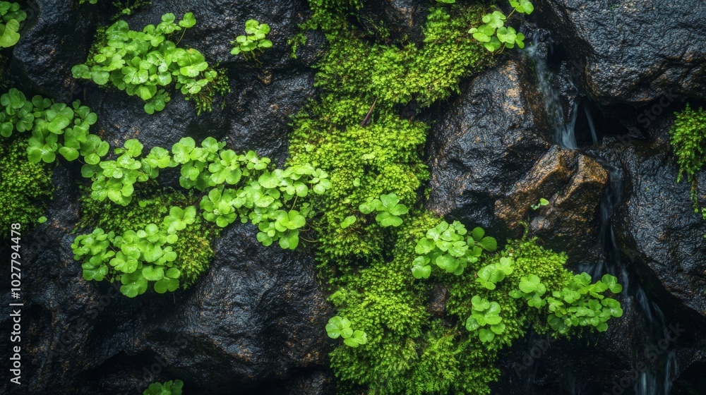 Lush Green Foliage and Small Waterfall Cascading Over Dark Rocks Lush Green Foliage and Small Waterfall Cascading Over Dark Rocks
